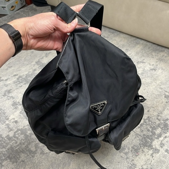 Prada Tessuto Black Nylon Backpack Double Pocket Drawstring Buckle Designer - Picture 13 of 14